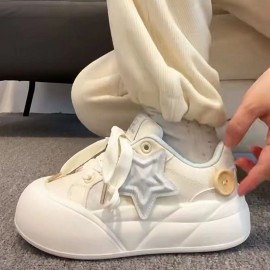 Women's Korean-Style Chunky Platform Sneakers - Korean Wave K-Footprint Lace-Up Low-Top White PU Cover Round-Toe Shoes with Thick Rubber Sole, Sheepskin for Autumn Winter, Cute Casual & Dressy Outfits (Comfortable)
