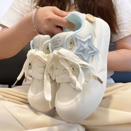 Women's Korean-Style Chunky Platform Sneakers - Korean Wave K-Footprint Lace-Up Low-Top White PU Cover Round-Toe Shoes with Thick Rubber Sole, Sheepskin for Autumn Winter, Cute Casual & Dressy Outfits (Comfortable)