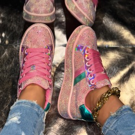 Women's Korean-Style Slip- Sneakers Suitable for - European Starry Sky Rhinestone Low-Top Round Toe Casual Shoes, Soft PVC & Cushioned Insole, Trendy Color Block for Parties, Daily Wear, Year-Round Outfits (Comfortable), Women Shoes