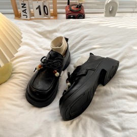 Women's Height Increasing Thick Platform Loafers - Korean Style Low-Top Brown with Sole, Cushioned for Petite, Spring/Autumn Outfits (, Casual Attire) - Care Fabric Upper & Insole