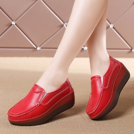 Women'S Slip-On Sneakers - Low-Top Wedge Platform Shoes with Buckle Closure, Genuine -like Texture, All-Season Comfort - Korean Style Casual Shoes for Everyday &