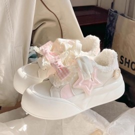 Women's White Sneakers with Platform Sole - Comfortable Walking Shoes Suitable for, Round Toe Mid-Top Casual Sneakers, Lightweight Outsole, Cushioned PVC - Casual Attire, Spring/Fall Transitional Footwear (New Arrival), Women Shoes