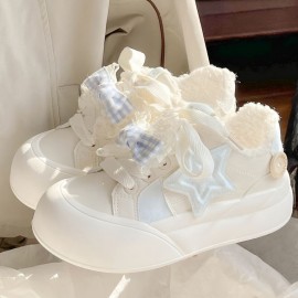 Women's White Sneakers with Platform Sole - Comfortable Walking Shoes Suitable for, Round Toe Mid-Top Casual Sneakers, Lightweight Outsole, Cushioned PVC - Casual Attire, Spring/Fall Transitional Footwear (New Arrival), Women Shoes