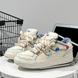 Men's Bohemian Style Rope Braided Sneakers- Low-top Lace-up Beige/White//Green  Shoes with Braided Rope Decoration, Lightweight All-season Casual Shoes, Fabric Upper and Cushioned Insole, Suitable for Bohemian Fashion Street Style