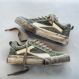 Men's Vintage Distressed Black & White Low-Top Canvas Sneakers - Retro Streetwear Lace-Up Shoes with Durable Rubber Sole & Cushioning, Round Toe Casual Wear Suitable for - (Aged Black/White)