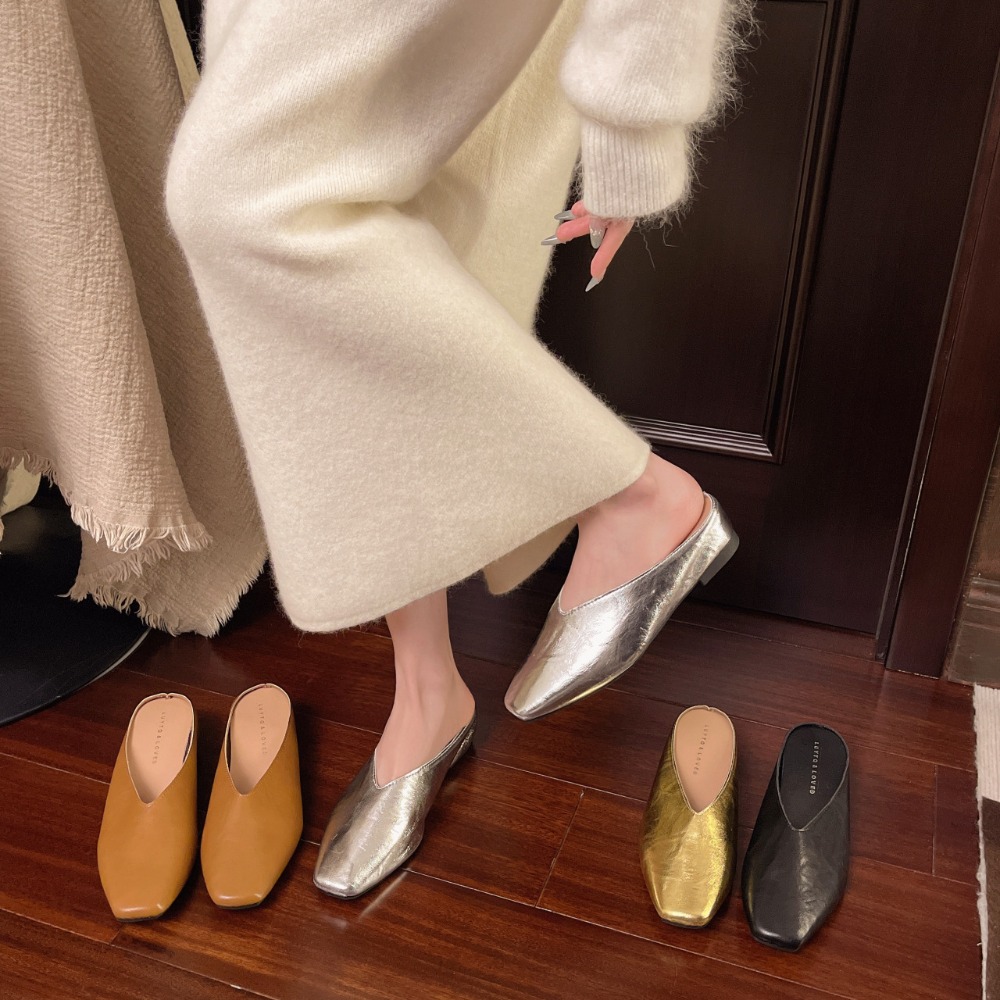 Women's Slip-On Mule Flats - Closed Square Toe Backless Dress Shoes with Cushioned Insole & Sole, All-Season Casual & Dressy Flats for, Semi-Formal, Casual Attire,,,