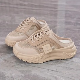 Women's Breathable Mesh Sneakers with Thick EVA Sole - Beige Slip-On Casual Shoes, Cushioned Comfortable - Footwear Suitable for Walking, Standing & Casual Attire, Women Shoes