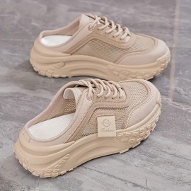 Women's Breathable Mesh Sneakers with Thick EVA Sole - Beige Slip-On Casual Shoes, Cushioned Comfortable - Footwear Suitable for Walking, Standing & Casual Attire, Women Shoes