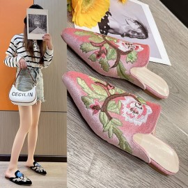 Women's Summer Outdoor Slippers Large Size New Pointed Embroidered Mules Flat Fashion Closed Toe Lazy Half Slippers, Women Shoes