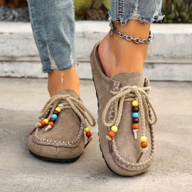 Women's Anti-Slip Arch Support Moccasin Style Shoes- Round Toe Winter Casual Boots, Beige Beaded Fabric Upper, Soft Fabric Inner Lining and PU Bottom, Brown/Beige/Red/Black/Yellow Beads, Suitable for Daily Wear, Hand Washable- Can Be Paired with Pant