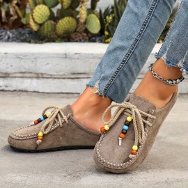 Women's Anti-Slip Arch Support Moccasin Style Shoes- Round Toe Winter Casual Boots, Beige Beaded Fabric Upper, Soft Fabric Inner Lining and PU Bottom, Brown/Beige/Red/Black/Yellow Beads, Suitable for Daily Wear, Hand Washable- Can Be Paired with Pant