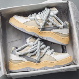 Men's Wide Width Chunky Platform Sneakers - Korean Retro Korean Style Chunky Platform Shoes, Low-Top Lace-Up Casual Shoes with Cushioned Sole, Beige/Black/White/Grey - All-Match Versatile Footwear for Big Feet (Students & s)