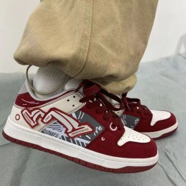 Men'S Retro College Style Sneakers | Red Unisex Casual Skate Shoes, Stylish Couple'S Wear, Comfortable Unique Design, Upper & Sole, PVC Inner, Lace Closure, Round Toe, Low Top