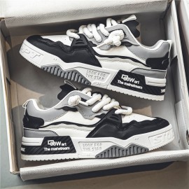 Men's White Sneakers with Thick-Soled Cushioned - Breathable Fabric Upper & Sole, Lace-Up Mid-Top Casual Shoes Suitable for Students, Casual Attire, -