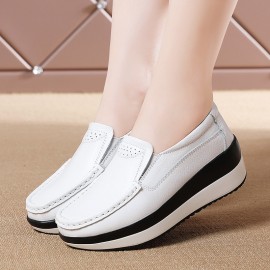 Women's Plus Size Korean K-Style Slip-On Sneakers with Genuine Wedge Platform - Korean Wave Inspired (K-Drama) T-Bar & Fringe Accent Shoes, Round Toe Low-Top Casual Comfort for Casual Attire, All-Season (Black)