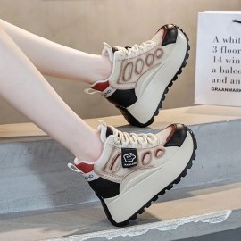 Inner Height Increase Women'S High-top Casual Sneakers | New Versatile Thick-soled Dad Shoes, Lace-up Closure, Solid Color, Superfine Fiber Upper and Insole, Rubber Sole, All-season Use