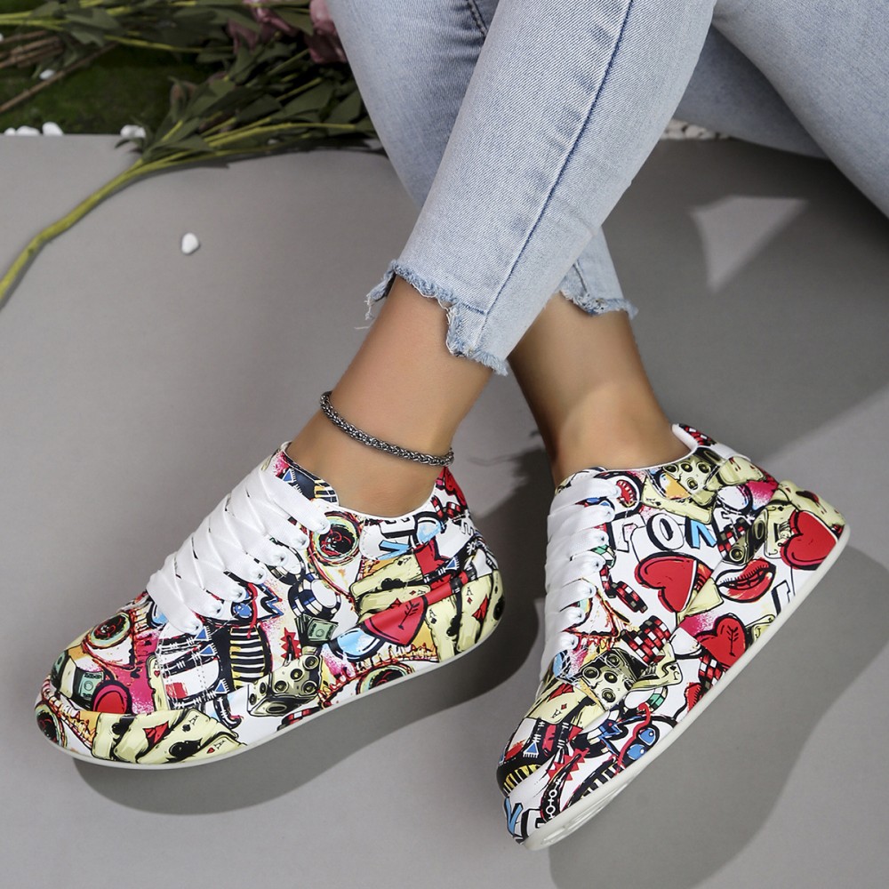 Women's Graffiti Print Low-Top Sneakers with Sole - Round Toe Lace-Up Casual Shoes, Urban Streetwear Style, & Outsole for All-Season Sports & Casual Attire - Comfortable Durable Graffarti Shoes for &