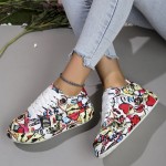 Women's Graffiti Print Low-Top Sneakers with Sole - Round Toe Lace-Up Casual Shoes, Urban Streetwear Style, & Outsole for All-Season Sports & Casual Attire - Comfortable Durable Graffarti Shoes for &