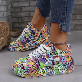 Women's Graffiti Print Low-Top Sneakers with Sole - Round Toe Lace-Up Casual Shoes, Urban Streetwear Style, & Outsole for All-Season Sports & Casual Attire - Comfortable Durable Graffarti Shoes for &