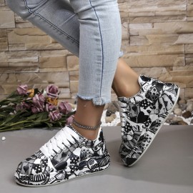 Women's Graffiti Print Low-Top Sneakers with Sole - Round Toe Lace-Up Casual Shoes, Urban Streetwear Style, & Outsole for All-Season Sports & Casual Attire - Comfortable Durable Graffarti Shoes for &
