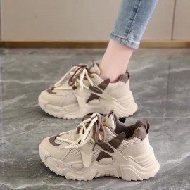 New Beige Mesh Chunky Platform Dad Sneakers Women- Summer Breathable Cloud-Like Cushioning Casual Sporty Shoes, Trendy Height Increasing Footwear Daily& Streetwear Outfits, Women Shoes
