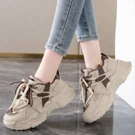 New Beige Mesh Chunky Platform Dad Sneakers Women- Summer Breathable Cloud-Like Cushioning Casual Sporty Shoes, Trendy Height Increasing Footwear Daily& Streetwear Outfits, Women Shoes