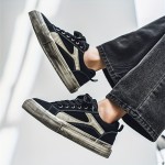 Men's Vintage Distressed Black & White Low-Top Canvas Sneakers - Retro Streetwear Lace-Up Shoes with Durable Rubber Sole & Cushioning, Round Toe Casual Wear Suitable for - (Aged Black/White)