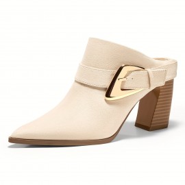 Women's Elegant Chunky Wedge Mule Boots - Slip-On Pointed Toe Dress Booties with Buckle Accent, Chunky Heel,  Upper &, Machine Washable for Fall, Casual to Dressy Outfits